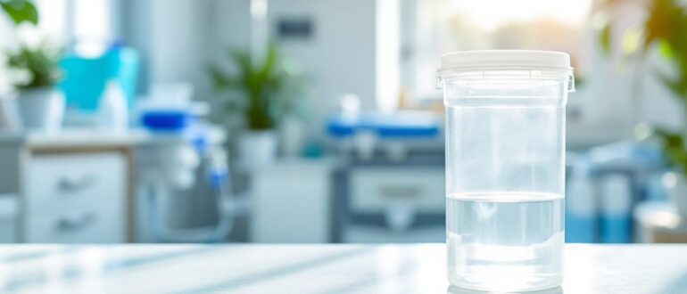A clean urine collection jar on a medical table in a bright clinic.