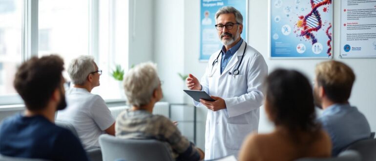 A doctor in a clinic giving a lecture on Treponema DNA to patients.