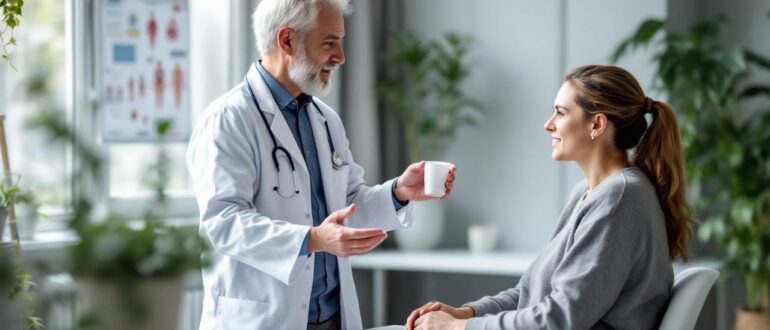 A doctor explaining to a patient how to collect a urine sample.