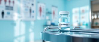 A urine analysis container on a medical trolley in a clinical setting.