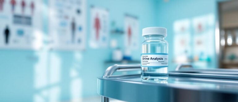 A urine analysis container on a medical trolley in a clinical setting.