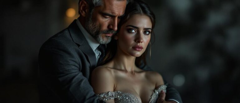 A middle-aged man holds a young woman close in a somber, protective embrace, surrounded by shadows, reflecting their struggles with a serious diagnosis.