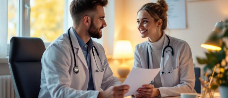 A Slavic doctor discussing HIV testing with a patient in a warm medical office.